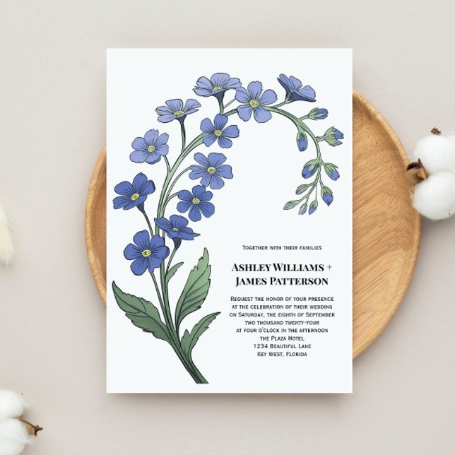 Periwinkle Blue Blommigt Stylized Flowers Bröllop Inbjudningar (Skapare uppladdad)