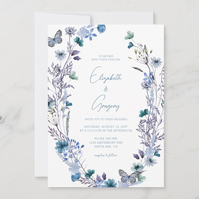 Periwinkle Blue Boho Wildblombröllop Bröllopsinbju Inbjudningar (Framsida)