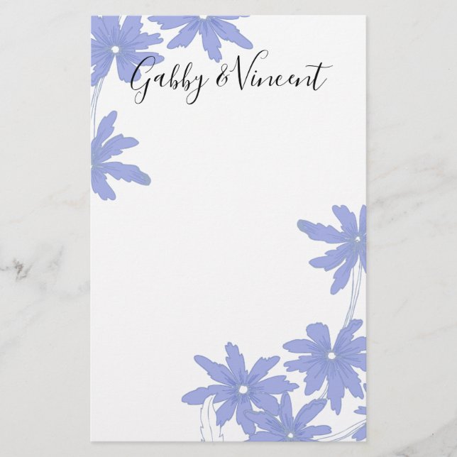 Periwinkle Blue-Daisy på vita Bröllop Brevpapper (Framsida)