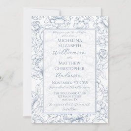Periwinkle Blue Elegant Hand-Drawn Floral Wedding  Inbjudningar