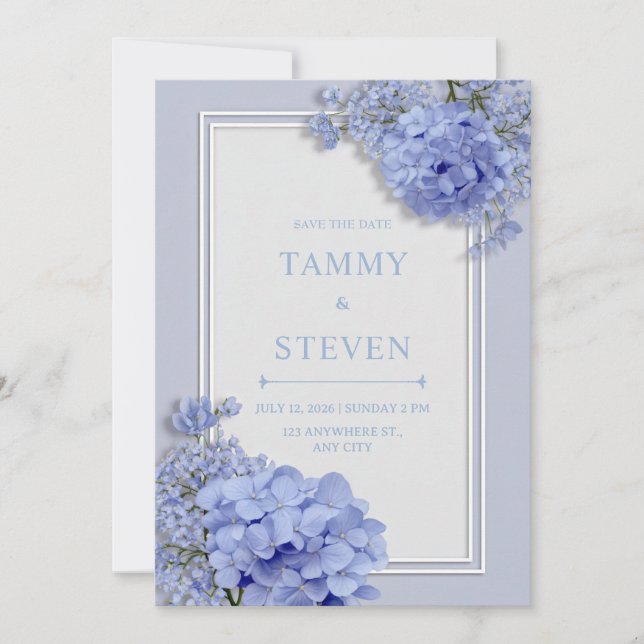 Periwinkle Blue Hydrangea Botanical Frame Wedding Inbjudningar (Framsida)