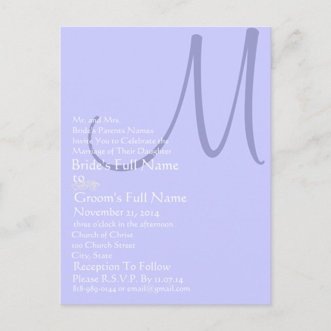 Periwinkle Blue Monogram bröllopsinbjudan Inbjudan Vykort (Framsida)