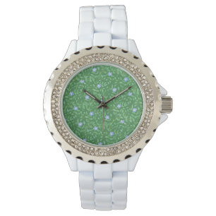 Periwinkle Blue Mörk grönt Land-stil-Blommigten Armbandsur