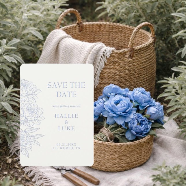 Periwinkle Blue Peony Line Art Wedding Save Date Inbjudningar (Skapare uppladdad)