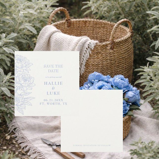 Periwinkle Blue Peony Wedding Square Save Date Inbjudningar (Skapare uppladdad)