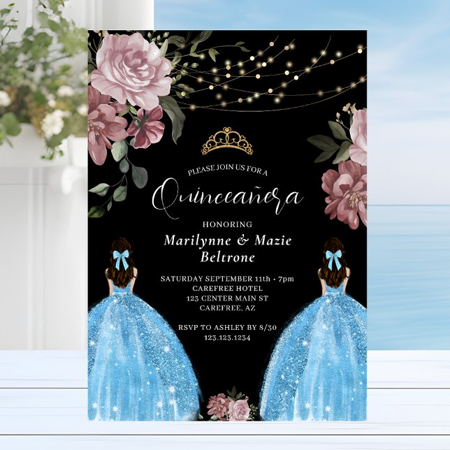Periwinkle Blue Princess Blommigt Twillingars Quin Inbjudningar (Skapare uppladdad)