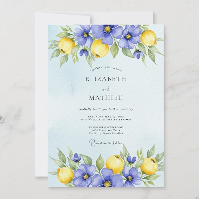 Periwinkle Blue Vibrant Citrus Wedding Inbjudningar (Framsida)