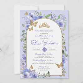Periwinkle Blue Watercolor Golden Butterfly Quince Inbjudningar