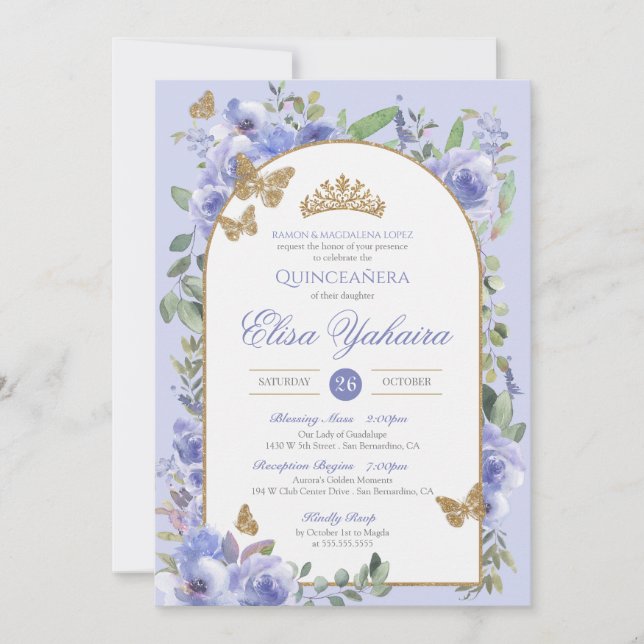 Periwinkle Blue Watercolor Golden Butterfly Quince Inbjudningar (Framsida)