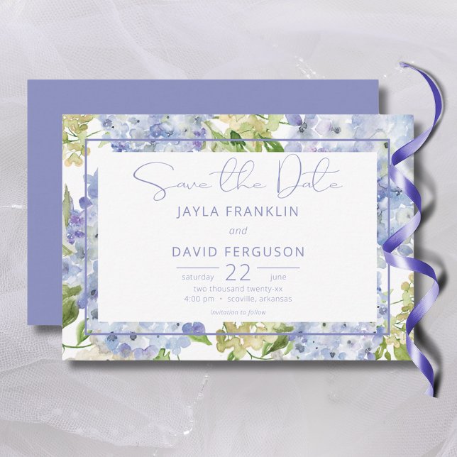 Periwinkle Blue White Hydrangea Bröllop Spara Datumet (Periwinkle Blue White Hydrangea Wedding Save The Date)