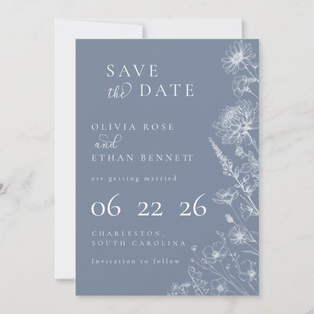 Periwinkle Botanical Minimal Wedding Save the Date (Framsida)