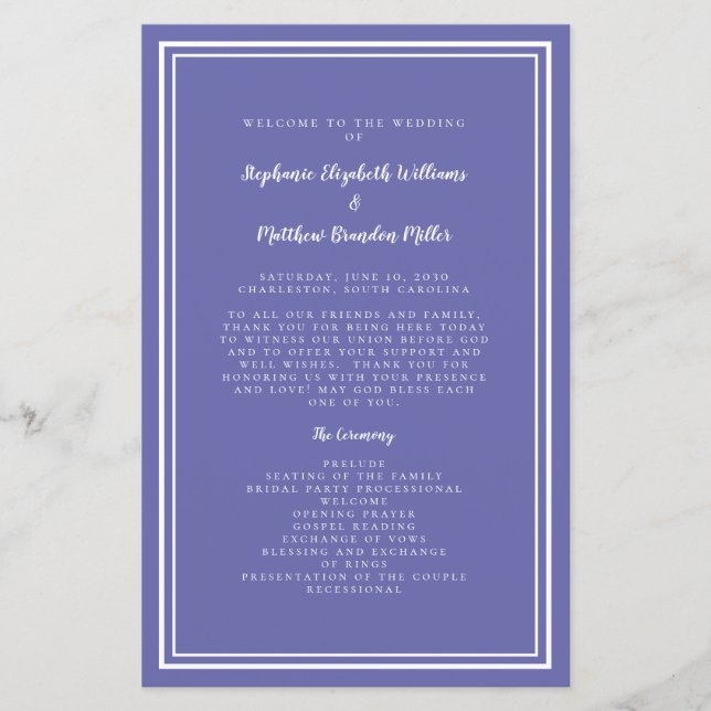 Periwinkle Bröllop Script Budget Ceremony Program (Framsida)