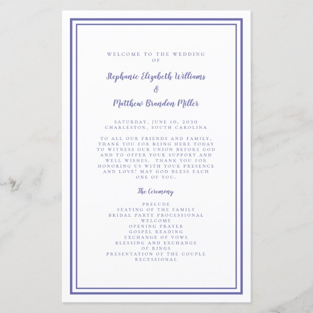 Periwinkle Bröllop Script Modern Ceremony Program (Framsida)