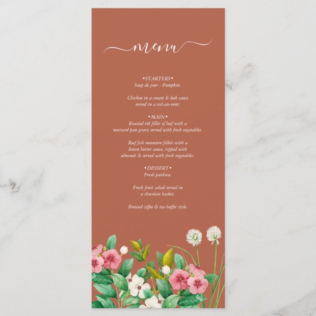 Periwinkle Burnt Orange Terracotta Bröllop Meny (Framsida)