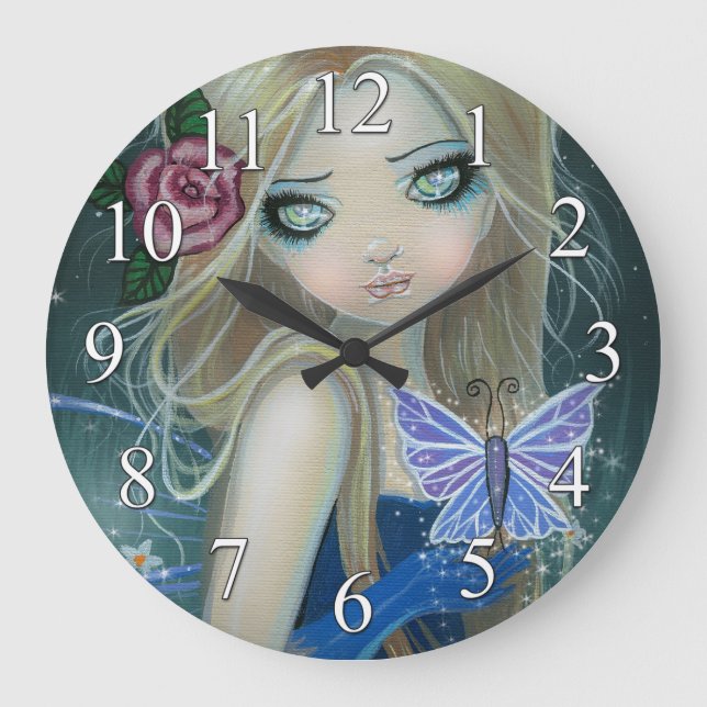 Periwinkle Butterfly Fairy Fantasy Art Wall Clock Stor Klocka (Framsida)