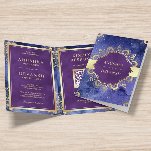 Periwinkle Galaxy Mandala QR-kod Indisk Bröllopsin Inbjudan (Skapare uppladdad)