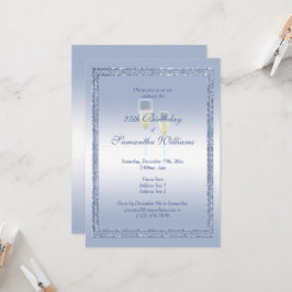 Periwinkle Glitter & Champagne Flutes Birthday Inbjudningar