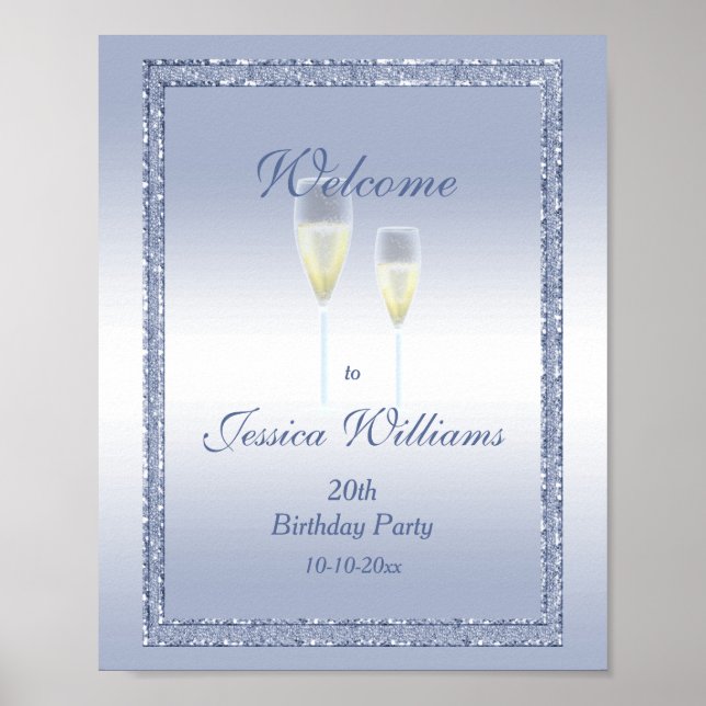 Periwinkle Glitter & Champagne Flutes Birthday Poster (Framsidan)