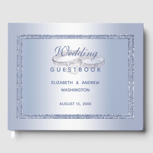 Periwinkle Glitter & Silver Bröllop Ringar Gästböcker (Framsida)