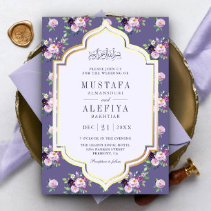 Periwinkle Guld Lila Blommigt Muslim Bröllop Inbjudningar