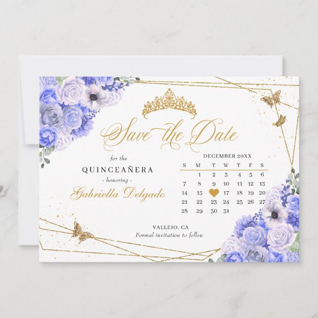 Periwinkle & Guld Quinceañera Spara datum Inbjudningar (Framsida)