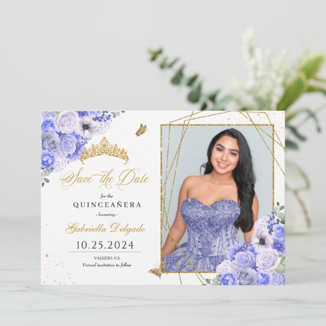 Periwinkle & Guld Quinceañera Spara datumfoto Inbjudningar (Stående Fram)