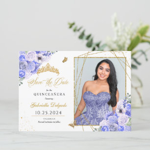Periwinkle & Guld Quinceañera Spara datumfoto Inbjudningar