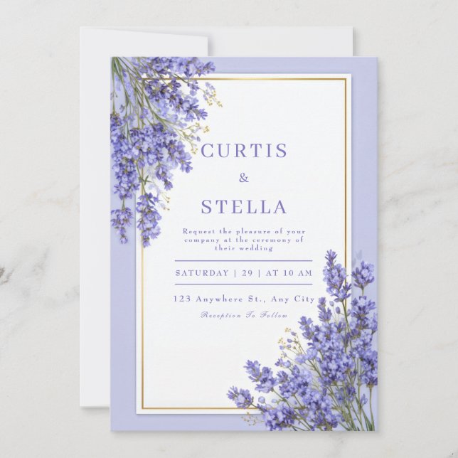 Periwinkle Lavender Romantic Gold Frame Wedding Inbjudningar (Framsida)
