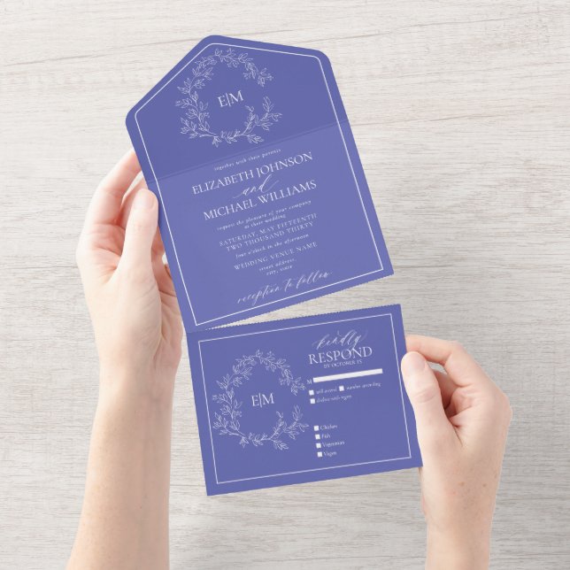 Periwinkle Leafy Vapensköld Monogram Bröllop (Avrivbar del)
