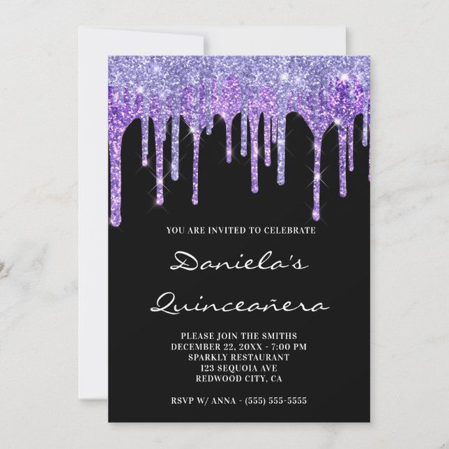 Periwinkle Lila Glitter Drips Black Quinceañera Inbjudningar (Framsida)