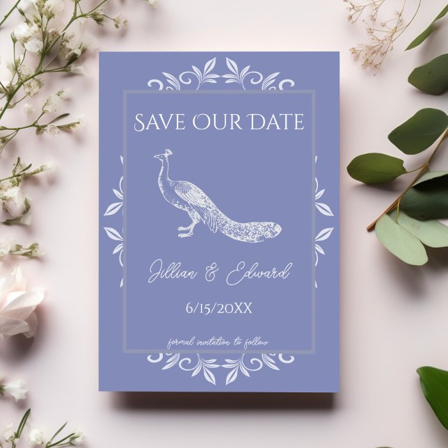 Periwinkle Peacock blomstrar och sparar datumet Meddelande (Periwinkle Peacock Flourish Save the Date)