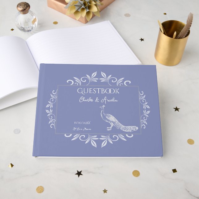 Periwinkle Peacock Flourish Bröllop Guest Bok (Framsida Öppen)