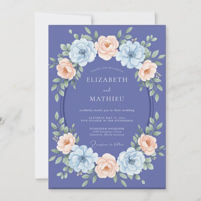 Periwinkle Persika Ranunculus Grå Eukalyptus Weddi Inbjudningar (Framsida)