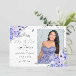 Periwinkle Silver Quinceañera Spara Datum Foto Inbjudningar