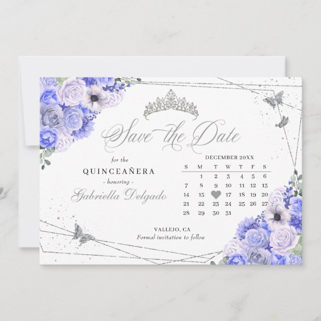 Periwinkle & Silver Quinceañera Spara datum Inbjudningar (Framsida)