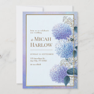 Periwinkle Stardust Hydrangea Guld Ram Bröllop Inbjudningar