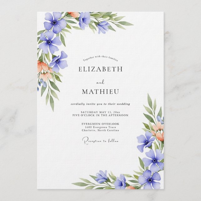 Periwinkle Watercolor Flourish Wedding Inbjudningar (Framsida)