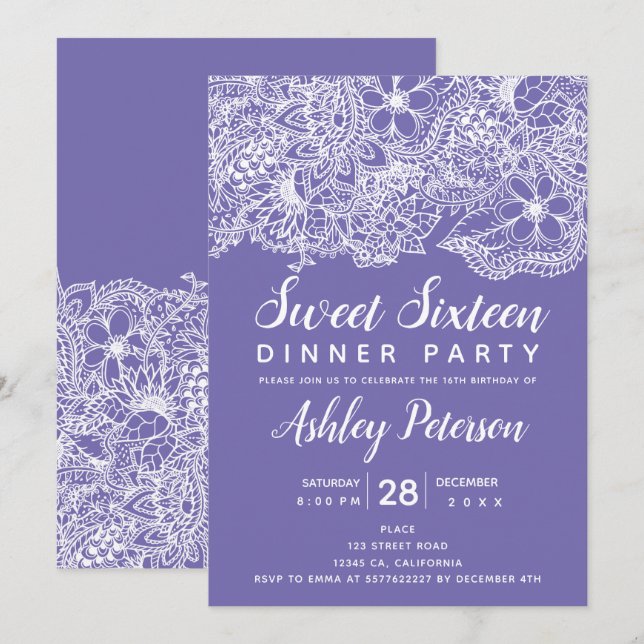 Periwinkle white blommigt typography Sweet 16 Inbjudningar (Fram/baksida)