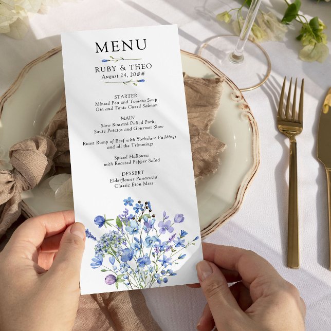 Periwinkle Wildblomdelikat Blommigt Bröllop Meny (Wedding Menu from my Lilac + Periwinkle Wildflower Wedding Collection)