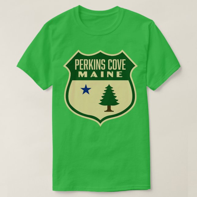 Perkins Cove Maine Retro Gräs Träd Shield Grönt T Shirt (Design framsida)