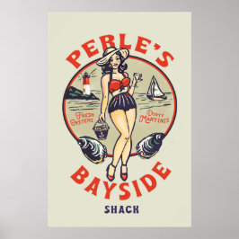 "Perles Bayside Oyster Shack" Cute, Retro Seaside Poster