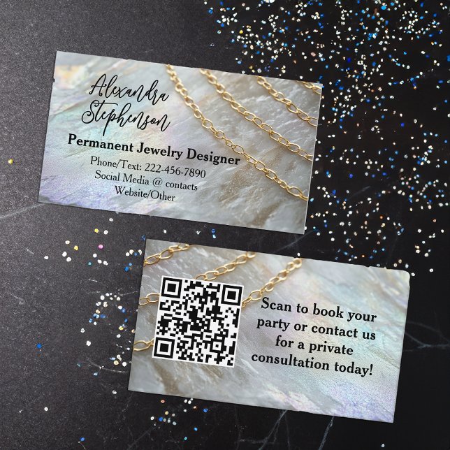 Permanent Jewelry Designer Consultant Visitkort (permanent jewelry designer business cards with custom qr code)