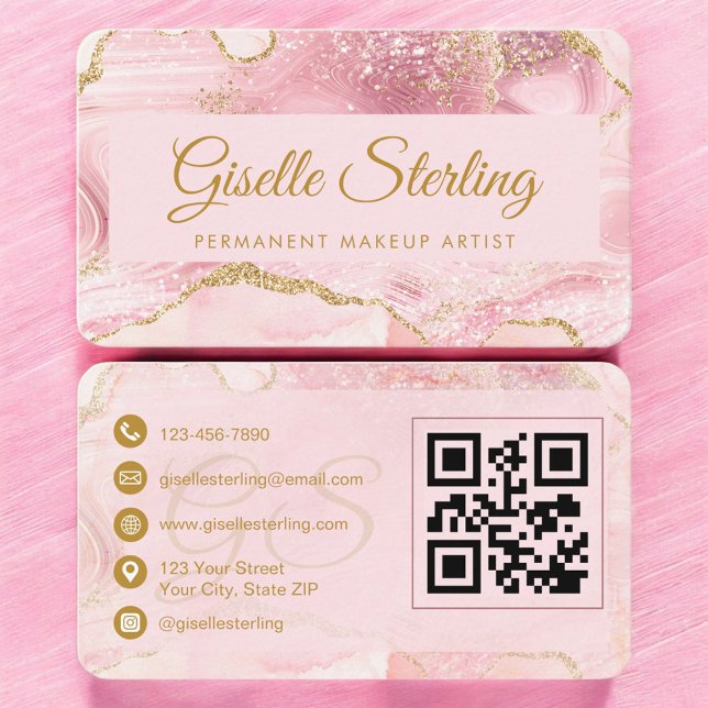 Permanent Makeup Artist Pink Gold Agate QR-kod Visitkort (Skapare uppladdad)