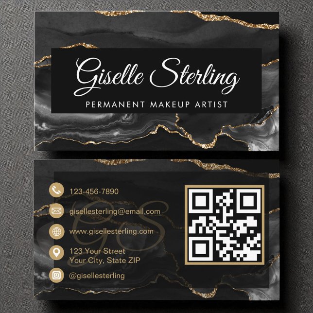 Permanent Makeup Artist QR Code Black Guld Agate Visitkort (Skapare uppladdad)