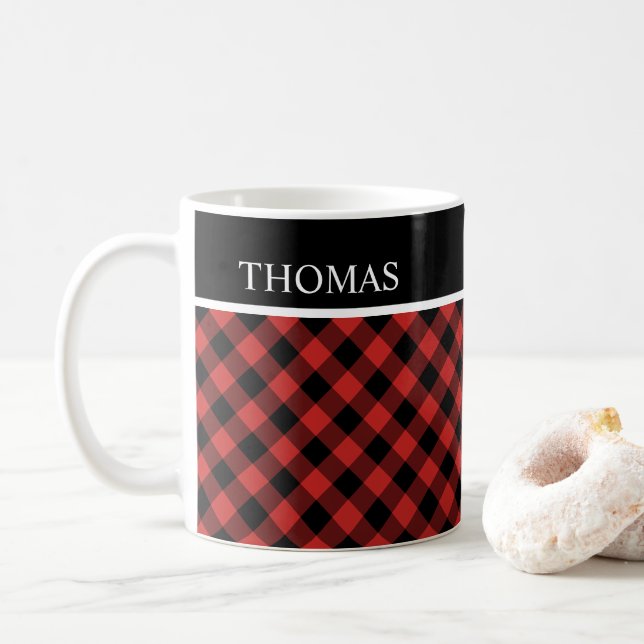 Peronalized Black Red Gingham Custom Name Kaffemugg (Med munk)