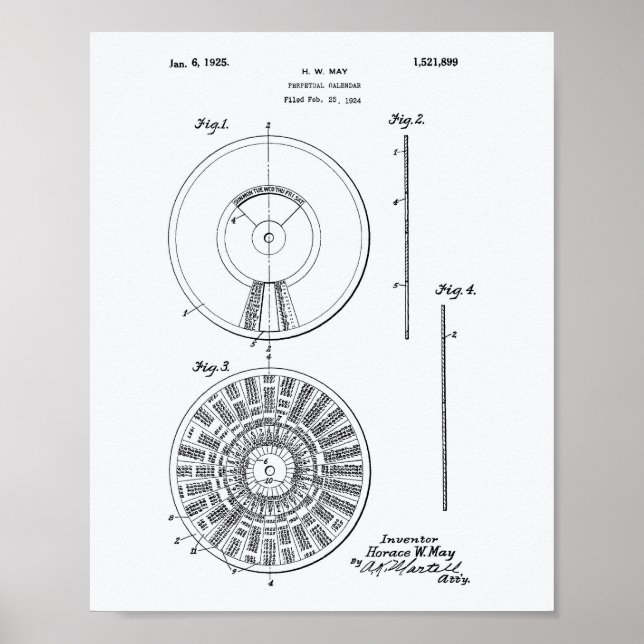 Perpetual Calendar 1925 Patent Art White Papper Poster (Framsidan)