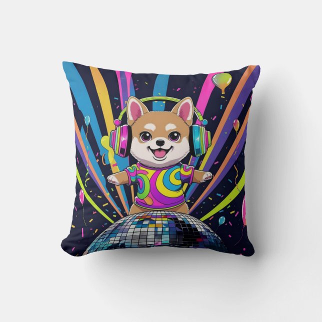 Perro Kawaii Shiba Inu Bailando Neón Retro Kudde (Framsida)