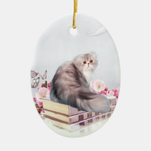Perserkatt och bokar julgransprydnad keramik