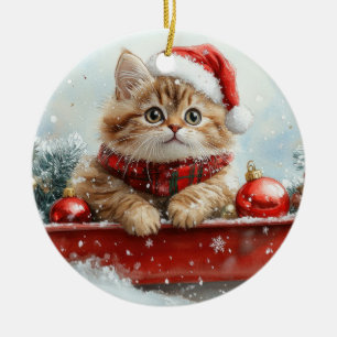 Perserkatten i släde Låt det snöa jul Julgransprydnad Keramik