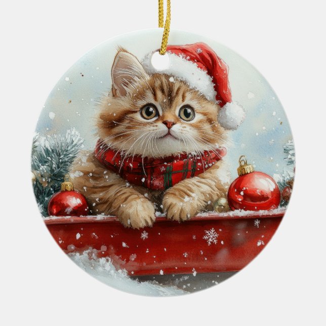 Perserkatten i släde Låt det snöa jul Julgransprydnad Keramik (Framsidan)